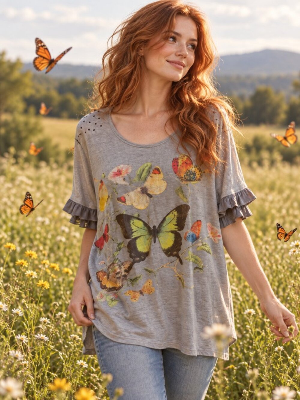 Blue Velvet Butterfly Print Ruffle Sleeve Tee - Listed L, really Extra Large